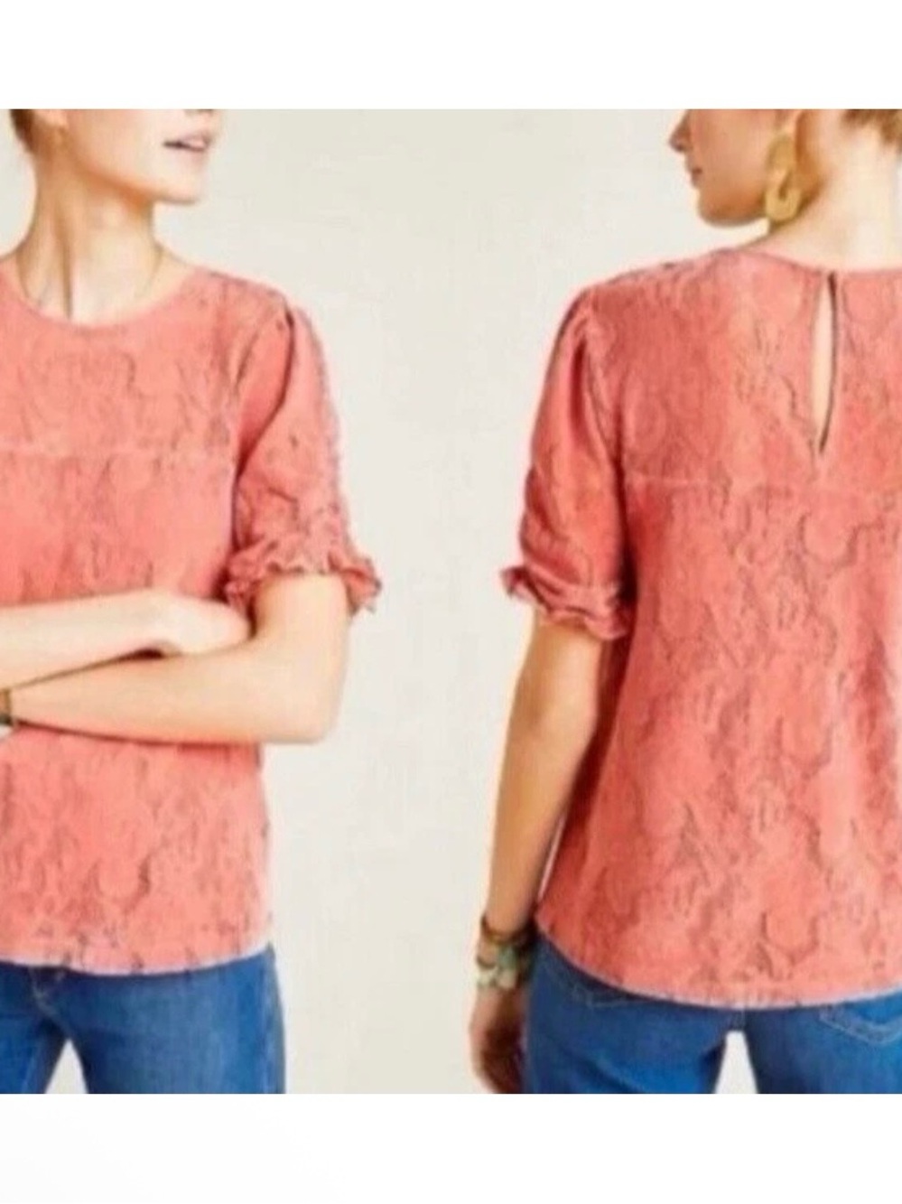 Anthropologie Pink Parvati Lace Velvet Ruched Medium Boho Coquette Soft Flirty